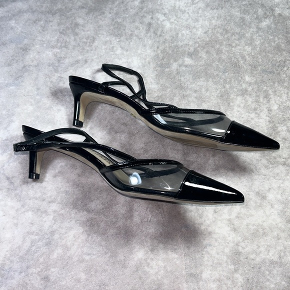 EUC Stuart Weitzman Women Sz US 7B / EU 37.5 Black Slingback Heels PVC Toe Sleek - Picture 5 of 9